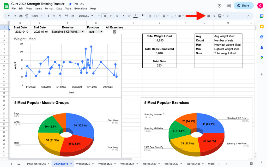 weight training workout tracker app spreadsheet dashboard